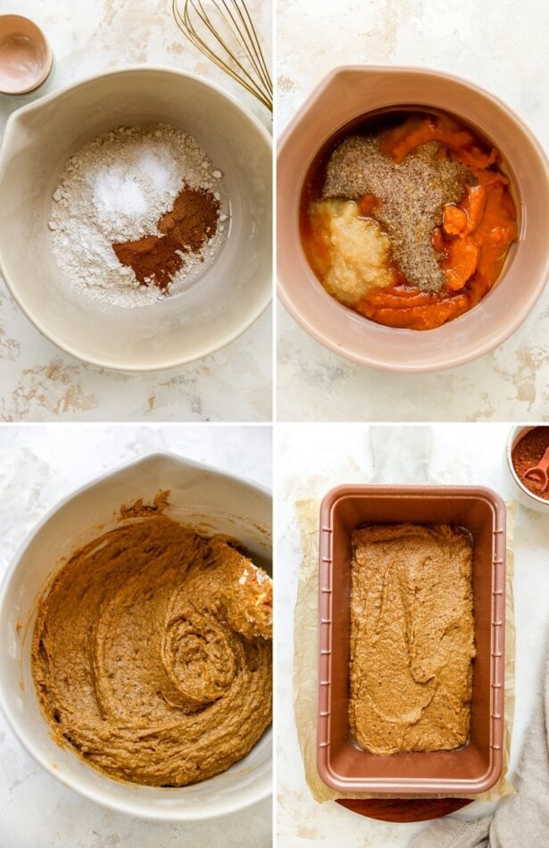 Four photos showing the process of making pumpkin breadL dry ingredients measured out in a bowl, adding wet ingredients and pumpkin to a bowl, mixing the pumpkin bread batter and finally the pumpkin bread batter in a loaf pan.