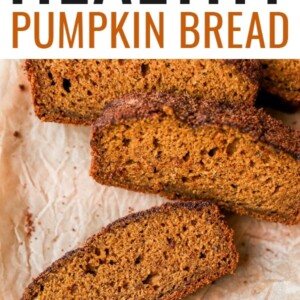 Close up photo of a few slices of pumpkin bread.