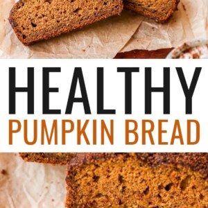 Loaf of pumpkin bread on a parchment paper resting on a cutting board. 4 slices have been cut from the loaf. Another close up photo of one slice of pumpkin bread.