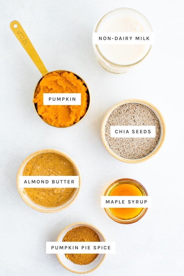 Ingredients measured out to make pumpkin chia pudding: non diary milk, pumpkin, chia seeds, almond butter, maple syrup and pumpkin pie spice.