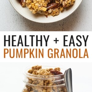 A bowl of pumpkin granola served in a bowl with milk. A silver spoon rests aside the bowl. Second photo is of a glass mason jar filled with pumpkin granola and a spoon is resting on the side.