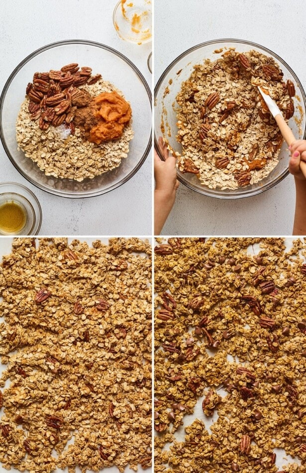 Collage of four photos showing the steps on how to make pumpkin granola: ingredients in a bowl, kid stirring the ingredients, the granola on a baking sheet before and after baking.