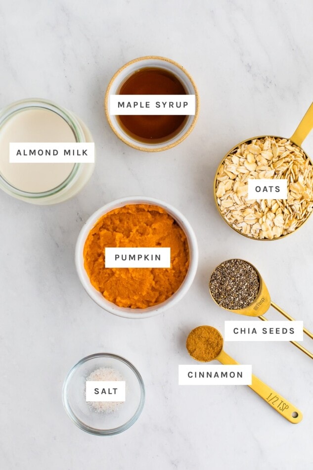Ingredients measured out to make pumpkin pie overnight oats: maple syrup, almond milk, oats, pumpkin, chia seeds, cinnamon and salt.