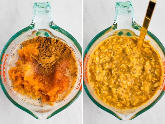 Side by side photos of a glass measuring cup with ingredients for pumpkin pie overnight oats before and after being mixed.