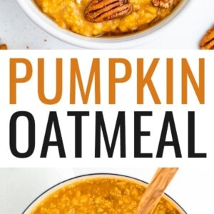 Bowl of pumpkin oatmeal topped with pecans and maple syrup. Second photo is of a pot with pumpkin oatmeal.