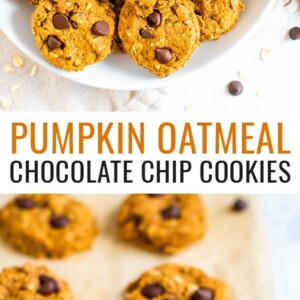 Plate of pumpkin oatmeal chocolate chip cookies. Another photo of the cookies on parchment paper.