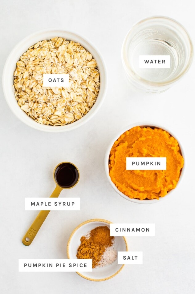 Ingredients measured out to make pumpkin oatmeal: oats, water, pumpkin, maple syrup, cinnamon, salt and pumpkin pie spice.