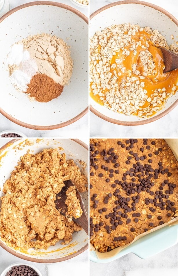 Collage of four photos showing the process of making the batter for pumpkin protein bars, and then mixture going into a pan and being topped with chocolate chips.