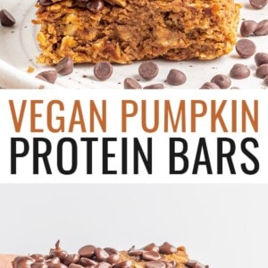 A stack of protein pumpkin bars on a white plate with chocolate chips sprinkled around. Second photo is a hand holding a pumpkin protein bar.