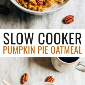 Two photos of a bowl of pumpkin pie oatmeal topped with almond milk and pecans.