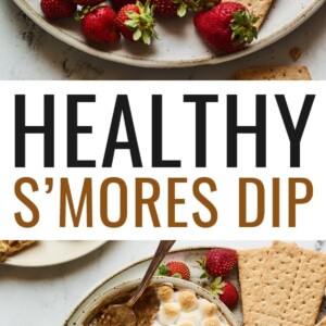 S'mores dip plated with strawberries and graham crackers for dipping. Spoon is taking a helping of the dip.