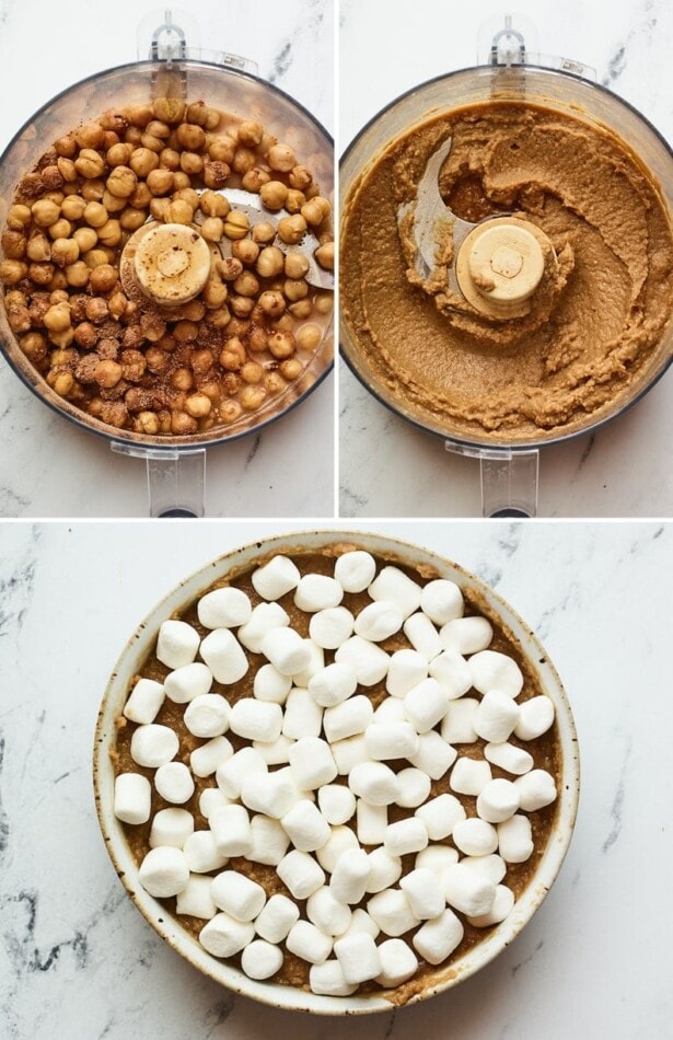 Three photos showing blended chickpeas to make the base of the s'more dip. Photo of the dip in a dish topped with mini marshmallows.