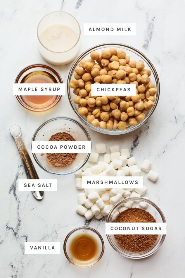 Ingredients measured out to make healthy s'mores dip: almond milk, chickpeas, maple syrup, cocoa powder, salt, marshmallows, vanilla and coconut sugar.