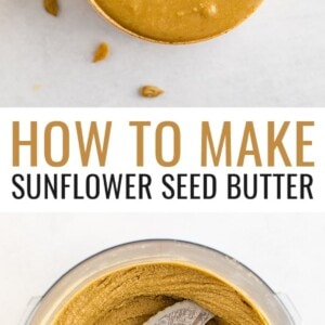 Photo of sunflower seed butter in a bowl with a spoon and topped with sunflower seeds. Bottom photo is of a food processor with blended sunflower seed butter.