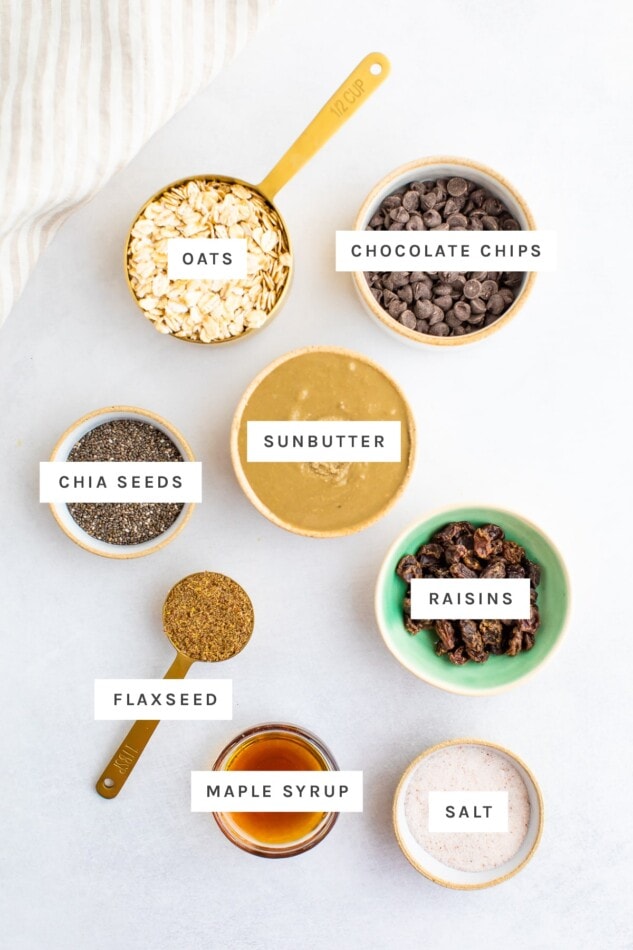 Ingredients measured out to make sunflower seed butter bites: oats, chocolate chips, sunbutter, chia seeds, flaxseed, raisins, maple syrup and salt.