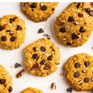 Photos of sweet potato breakfast cookies studded with pecans and chocolate chips.