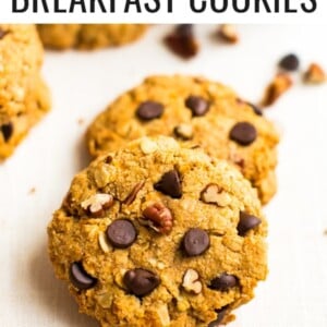 Photos of sweet potato breakfast cookies studded with pecans and chocolate chips.