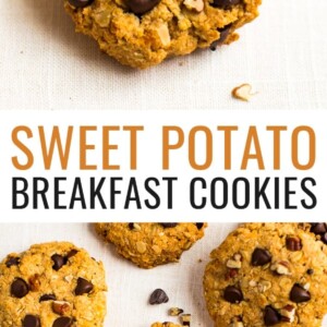 Photos of sweet potato breakfast cookies studded with pecans and chocolate chips.