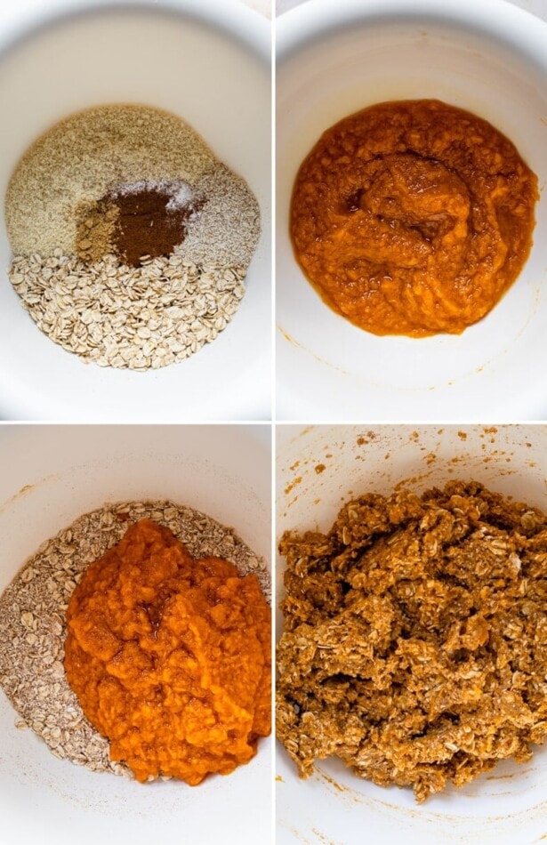 Collage of four photos showing the steps on how to make sweet potato breakfast cookie dough: first mixing the dry ingredients, then the wet ingredients, then combining both and mixing together.