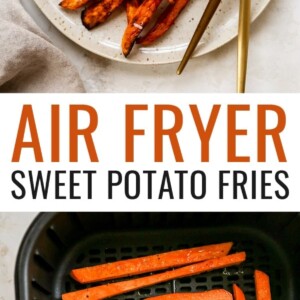 A plate of air fryer sweet potato fries with two forks and a ramekin of salt. Another photo of uncooked sweet potato fries in an air fryer.