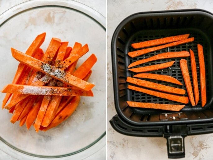 Side by side photos of a bowl of unbaked sweet potato fried topped with salt, pepper and oil. Second photo is the unbaked fries in an air fryer basket.
