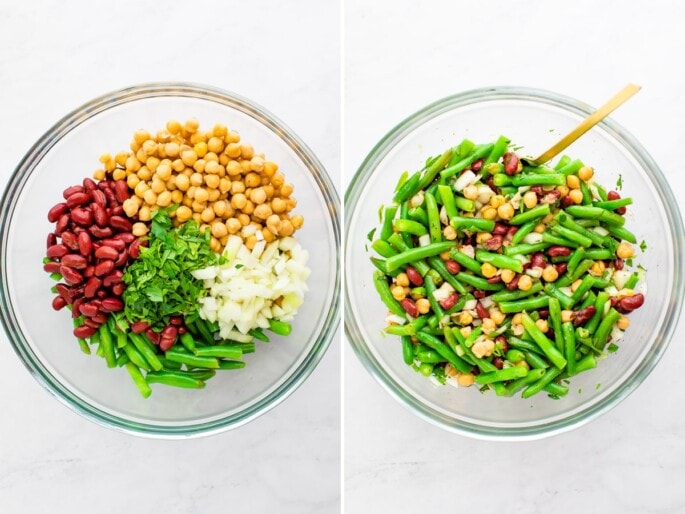 Side by side photo of a glass mixing bowl with the ingredients to make thee bean salad before and after being mixed.