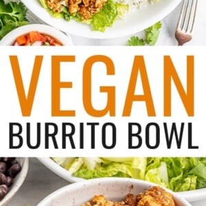 Two photos: first one is the vegan burrito bowl made with sofritas, corn, beans, guacamole, rice, onion, salsa and lettuce. The second photo is a close up photo of a bowl of tofu sofritas.