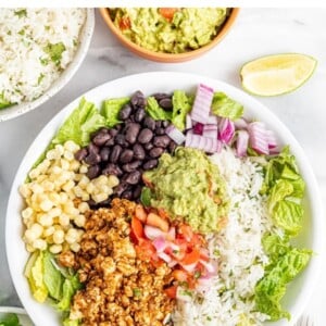 Burrito bowl made with sofritas, black beans, corn, salsa, guacamole, rice, lettuce and romaine.