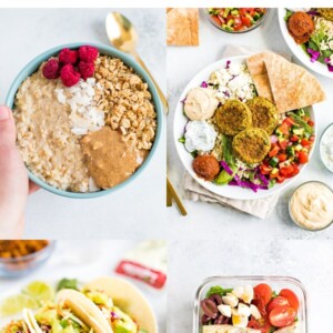 Collage of photos: oatmeal, falafel bowls, tempeh tacos and a farro salad.