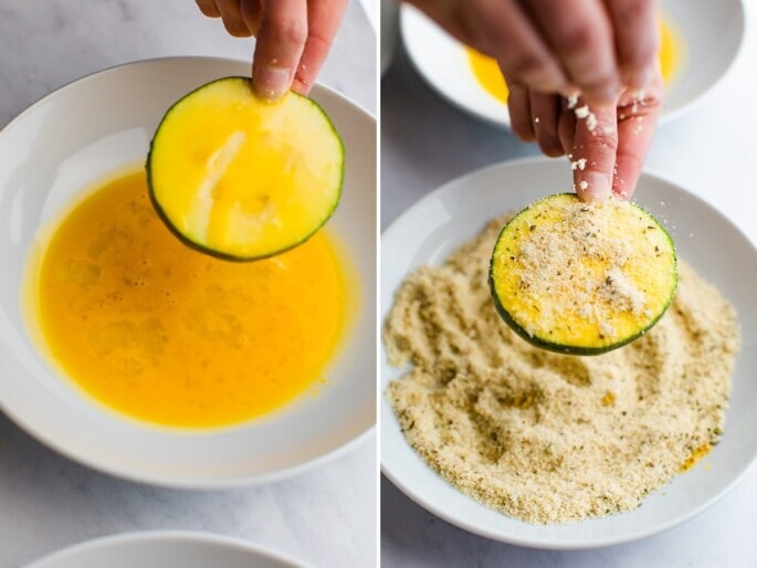 Side by side photos of a person dipping a zucchini slice in egg and then in seasoned almond flour.