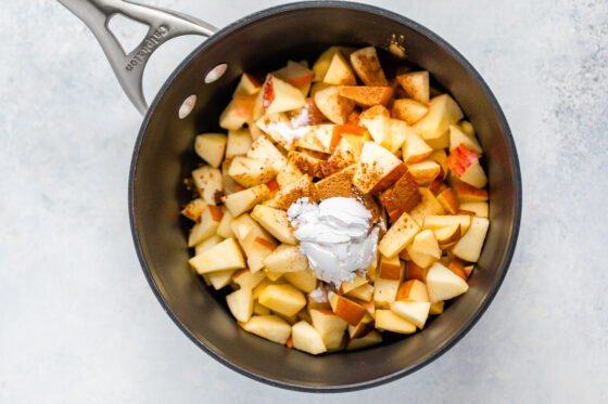 Sauce pan with ingredients for apple filling.