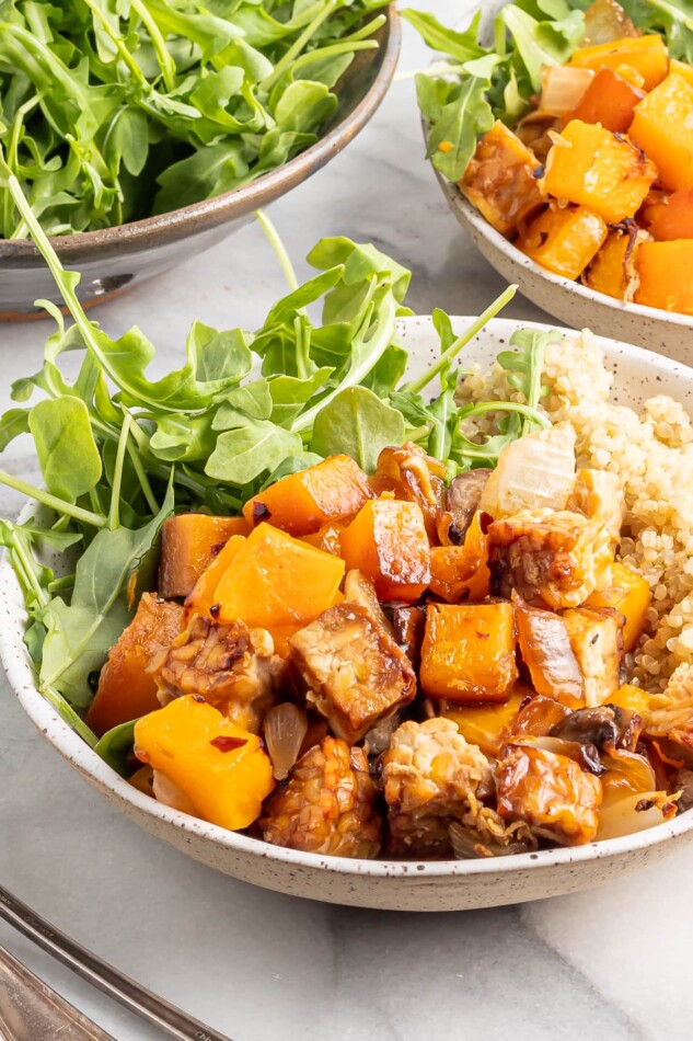 A shallow bowl filled with butternut squash tempeh bake served with brown rice and greens.