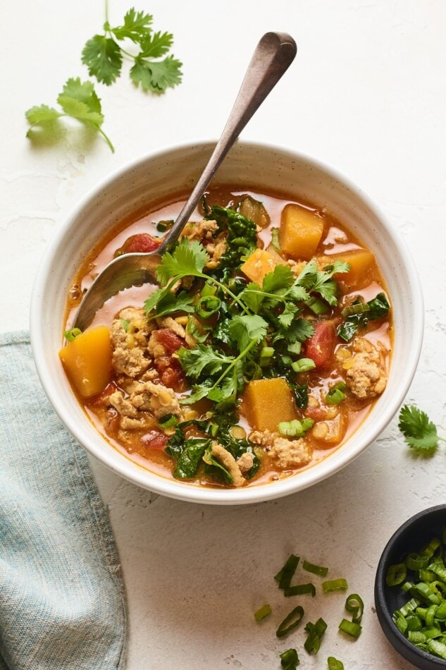 A bowl of butternut squash turkey chili with cilantro on top. A silver spoon rests inside the bowl of chili.