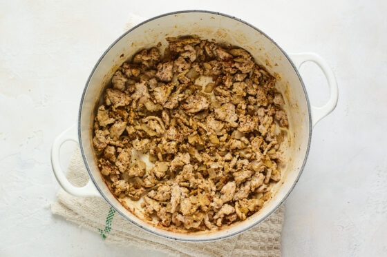 Turkey, onion, garlic, and spices mixed together in a large pot.