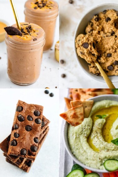 Collage of four photos: peanut butter chocolate smoothie, cookie dough, chocolate peanut butter protein bars and lima bean hummus.
