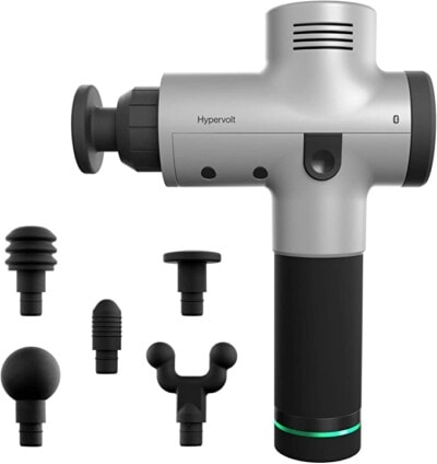 Hypervolt handheld massage gun with various attachments.