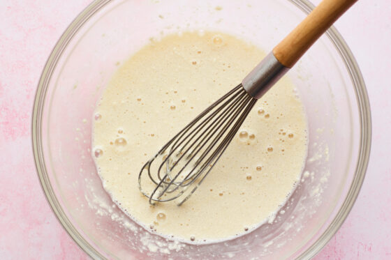 Whisk mixing ingredients for protein pancake batter.
