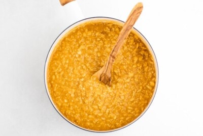 A saucepan with cooked pumpkin oatmeal.