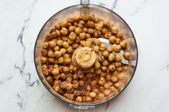 Chickpeas, maple syrup, coconut sugar and cocoa powder in a food processor.