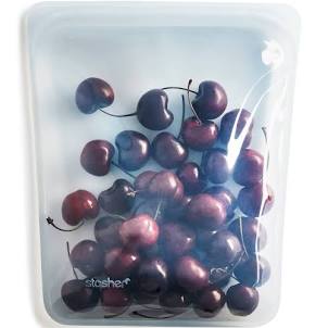 Clear, reusable half-gallon size bag with cherries inside