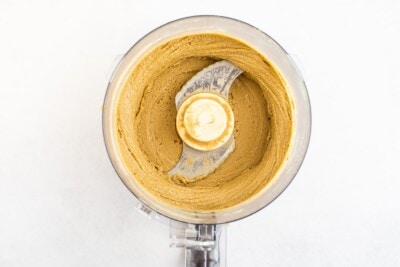 Overhead shot of sunflower butter after being processed in food processor.