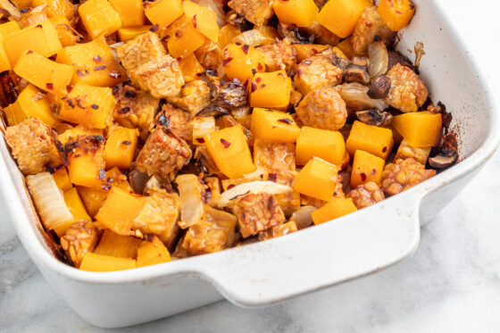 Butternut squash tempeh bake after baking.