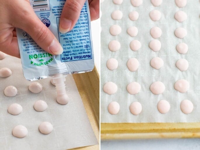 Side by side photo of a person squeezing drops of strawberry yogurt from a yogurt pouch onto a cookie sheet lined with parchment. Photo beside this is of the frozen dots of yogurt on the pan.