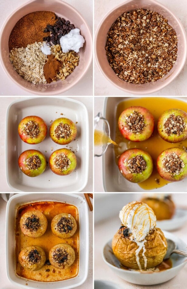 Collage of six photos showing the process to make baked apples. First two photos show the oat filling, then the apples filled, apple cider being poured into the pan, then the apples being baked and then the apple topped with ice cream.