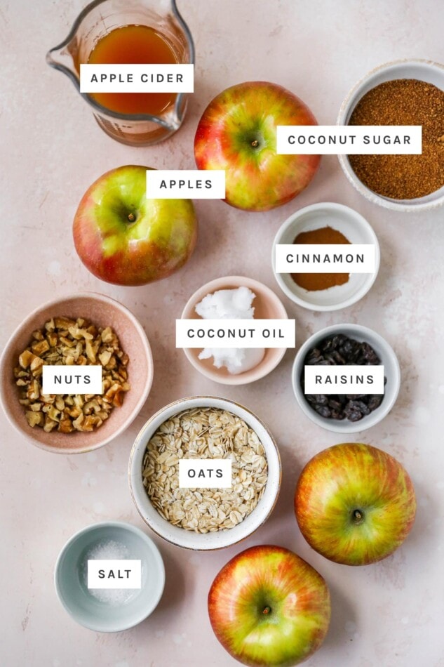 Ingredients measured out to make baked apples: apple cider, coconut sugar, apples, cinnamon, coconut oil, nuts, raisins, oats and salt.