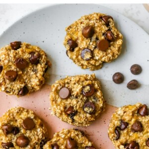 Plate of chocolate chip banana oatmeal cookies.