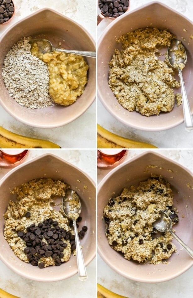 Collage for four photos showing the steps on how to make banana oatmeal cookies: mashed banana and oats in a bowl. Mixture mixed together with a spoon, adding chocolate chips and then stirring in the chips.