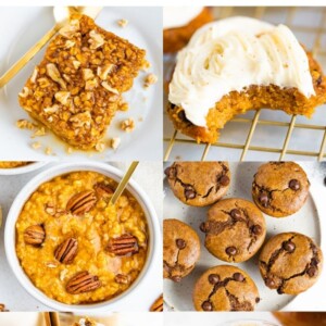 Collage of six photos: pumpkin baked oatmeal, pumpkin cookies, pumpkin oatmeal, pumpkin muffins, pumpkin chia pudding, PSL.