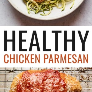 One photo of chicken parm served over zucchini noodles. Another photo of two chicken parmesans on a wire rack on a baking sheet.