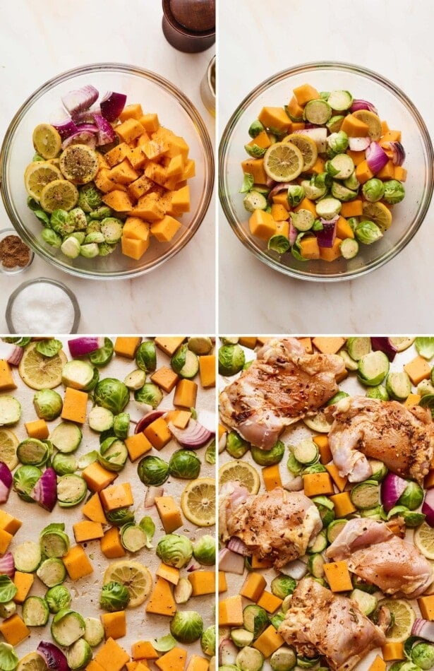 Four photos in a collage showing a mixing bowls of chopped onion, butternut squash, brussels and lemon, tossed with spices, spread out on a sheet pan and then chicken thighs are added to the pan.